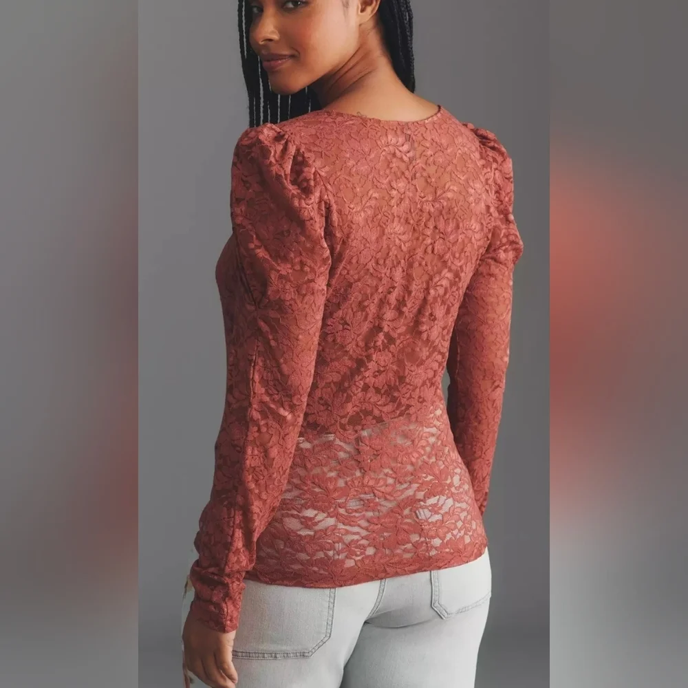 Anthropologie Puff-Sleeve Sheer Lace Top Dusty Pink